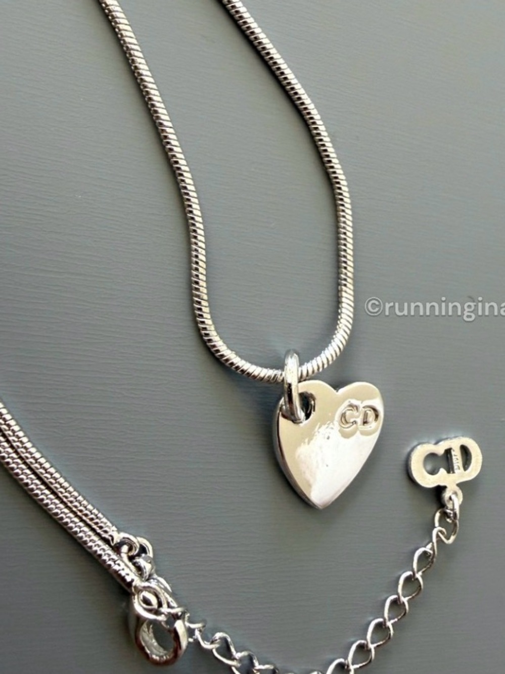 Christian Dior Vintage Heart Charm Snake Chain Necklace Silver CD Logo Y2K - Picture 5 of 12
